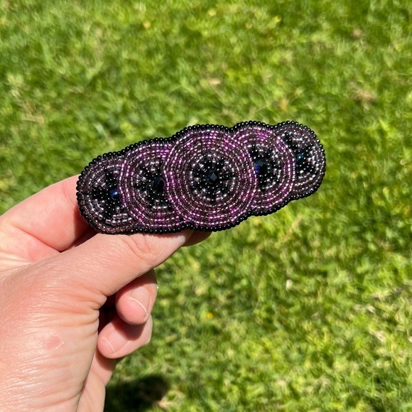 Vintage Seed Beaded Overlapping Circle Hair Clip Purple Black Taiwan 4” - Picture 10 of 13